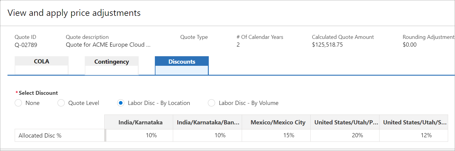 services quoting with labor discount by location