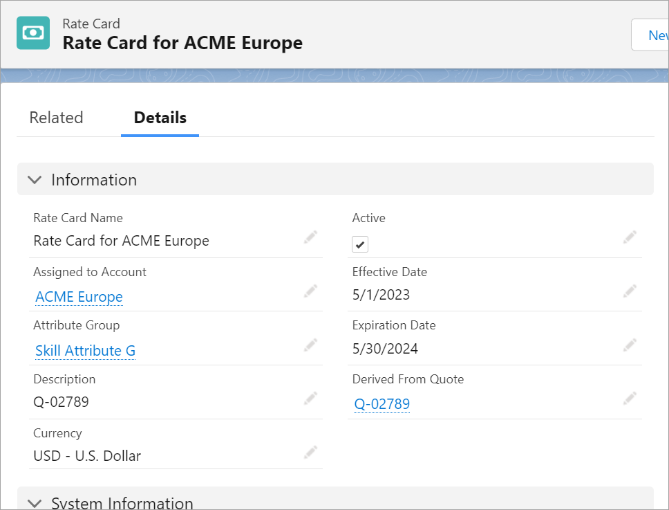 quoting rate card example